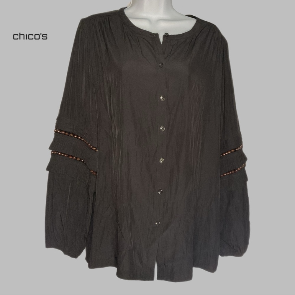 Chicos  Sz 2 Large Black Button down Top Lg Sleeve Beads Fringe Native Boho